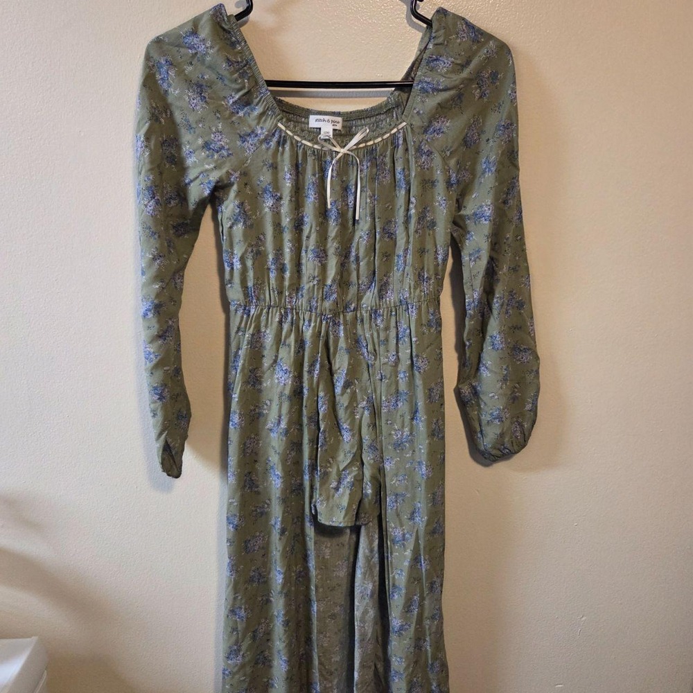 Stitch & Pine Girls Floral Maxi Romper Dress Olive Green Size L 14 Long Sleeve